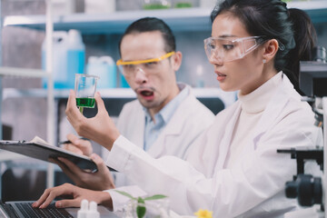 Wall Mural - 2 Researcher are seeing the samples and was shocked with error liquid in the laboratory. Young scientists are making beauty care products but problems happen.