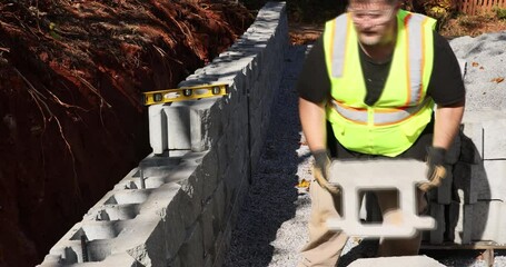 Wall Mural - Contractor during installation of new large block retaining wall in construction site