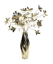 Isolated Golden Vase With Flowers On White Background, 3D Render Illustration.