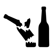 Silhouette Of A Broken Bottle On A White Background. Two Black Bottles Intact And Broken. Great For Drink And Trash Container Logos. Vector Illustration