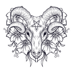 Wall Mural - tattoo and t shirt design black and white hand drawn goat head and flower engraving ornament