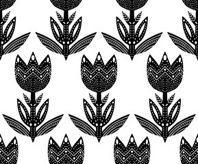 Floral seamless pattern in scandinavian style. Decoration background in linocut design. Black and white modern illustration