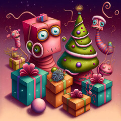 Sticker - Toys and Christmas gifts and tree in a pink background