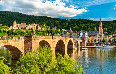 Canvas Print - View of Heidelberg with the Old Bridge and the castle in Baden-Wurttemberg, Germany