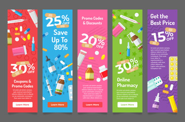 Wall Mural - Online pharmacy deals digital voucher coupons vertical landing page set vector illustration