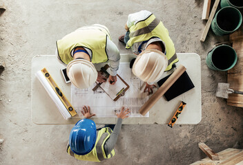 Poster - Architect, engineer and teamwork with blueprint from above on a building or contractor project. Building, construction team and architecture design sketch with people planning a renovation project