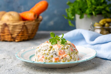 Russian Salad Olivier With Mayonnaise And Egg Served (Turkish Name; Rus Salatasi)
