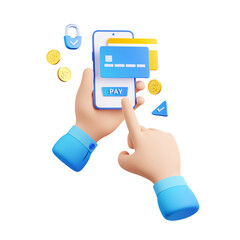 3D illustration of hand making cashless payment from smartphone. Character using mobile banking app on gadget, finger pushing pay button on screen, inserting security code, transferring money online