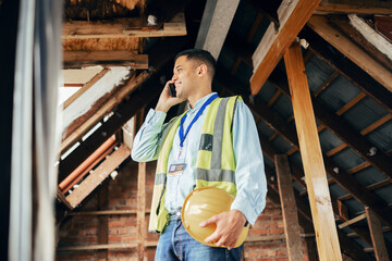 Aufkleber - Architect, phone call and man talking on smartphone at construction site for building project. Engineer, contact and happy male on 5g mobile discussing, chatting or speaking about engineering plans.