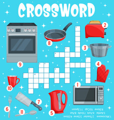 Poster - Household appliances and kitchen utensil crossword worksheet, find a word quiz game. Vector puzzle oven, cooking pan, toaster, cup, knife, electric teapot, microwave, glove, colander, spoon and fork