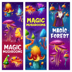 Magic mushrooms and wizard in fantasy forest. Kids vector background, children vertical vector banners with fairy glowing mushrooms or luminous magical fungi, wizard, sorcerer or mage