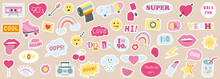 Fashion collection of 90s girly stickers. Vector illustration of hand drawn patches, pins in pink color. Nostalgia 1990