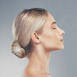 © Allistair F/peopleimages.com - Beauty, profile and face of woman with eyes closed on gray studio background. Skincare, makeup cosmetics or side view of female model with healthy, glowing skin and hair after luxury salon treatment
