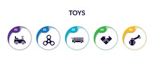 Set Of Toys Filled Icons With Infographic Template. Flat Icons Such As Ride On Toy, Spinner Toy, Bus Toy, Puzzle Puppy Vector.
