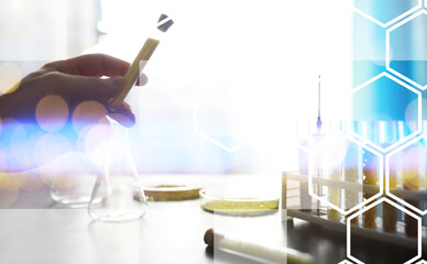 Wall Mural - Research Analyzing Agricultural Grains And seeds In The Laboratory. Background with futuristic flare.