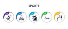 Set Of Sports Filled Icons With Infographic Template. Flat Icons Such As Breakdance, Man Riding Bike, Snow Slide Zone, Waiter Falling, Basketball Player Scoring Vector.