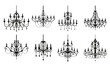 Chandelier silhouettes, home vintage illumination and light equipment. Retro ceiling lamp vector silhouette, antique luster or elegant luxury chandeliers with candles, bulbs and crystal decor