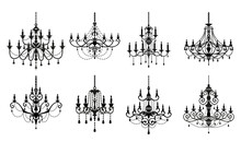 Chandelier Silhouettes, Home Vintage Illumination And Light Equipment. Retro Ceiling Lamp Vector Silhouette, Antique Luster Or Elegant Luxury Chandeliers With Candles, Bulbs And Crystal Decor