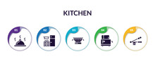 Set Of Kitchen Filled Icons With Infographic Template. Flat Icons Such As Platter, Kitchen, Nder, Toaster, Garlic Press Vector.