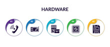 Set Of Hardware Filled Icons With Infographic Template. Flat Icons Such As Phone Receiver With, Wacom, Device Manager, Big Processor, Floppy Disk Upside Down Vector.