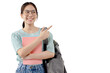 © RedcupStudio - Asian pretty girl pointing finger to the side. PNG file format transparent background.
