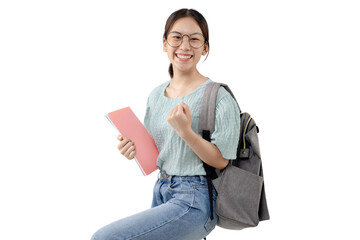 young asian student girl wearing glasses. png file format transparent background.