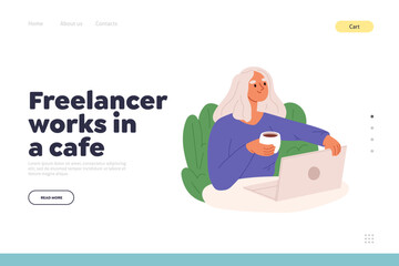 Sticker - Freelancer work in cafe concept of landing page with girl remote worker work on laptop with coffee