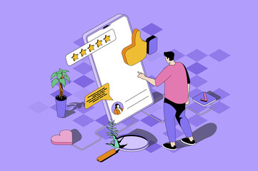 Poster - Best feedback web concept in 3d isometric design. Man evaluates quality of service and leaves comment with customer experience using mobile app. Web illustration with people isometry scene
