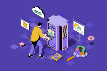 Fototapete - Data center web concept in 3d isometric design. Man working as administrator in server room with racks for big data storage and cloud computing. Web illustration with people isometry scene