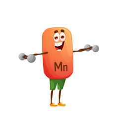 Sticker - Cartoon manganese or manganum sportsman character with dumbbells. Isolated vector funny Mn athlete capsule personage fitness and sport exercises. Nutrient supplement bubble training with weight in gym