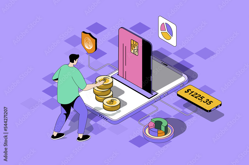 Mobile banking web concept in 3d isometric design. Man manages ...