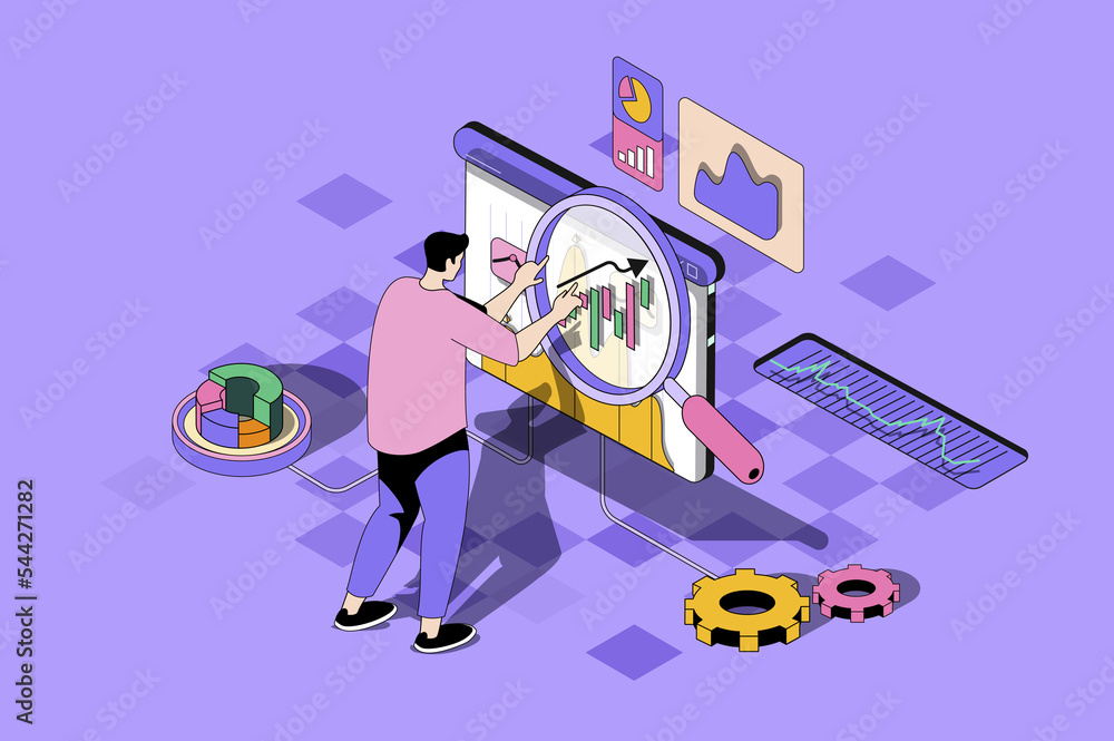 SEO optimization web concept in 3d isometric design. Man makes ...