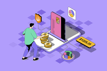 Fototapete - Mobile banking web concept in 3d isometric design. Man manages financial account and balance, makes transactions from credit card in application. Web illustration with people isometry scene