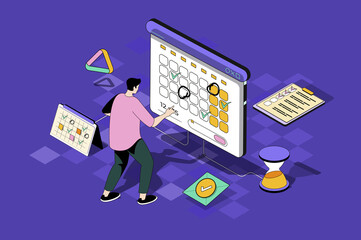 Wall Mural - Time planning web concept in 3d isometric design. Man setting priority tasks, marks meetings and makes notes on calendar, workflow management. Web illustration with people isometry scene