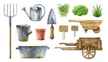 Garden Tools And Farm Equipment Watercolor Illustration Set. Hand Drawn Gardening Tools. Wooden Barrow, Metal Bucket, Shovel, Hayfork, Flower Pot, Plants, Watering Can Elements. White Background