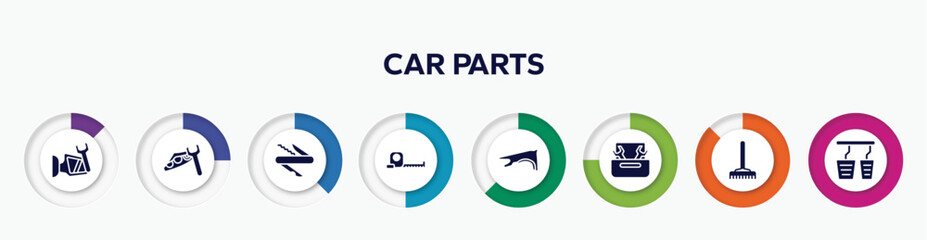 Wall Mural - infographic element with car parts filled icons. included side mirror, headlight, swiss knife, open scale, fender, nuts and bolts, gardening rake, accelerator vector.