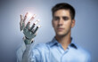 © Paulista - Young man controlling electronic robotic hand. 3d rendering. Connection to robotic limb. Conceptual image about cybernetics and bionics enhancement..
