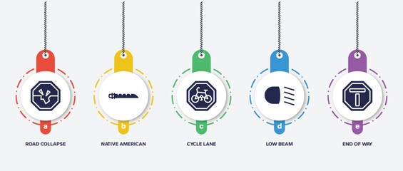 infographic element template with traffic signs filled icons such as road collapse, native american flute, cycle lane, low beam, end of way vector.