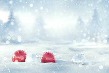 Wall Mural - christmas white and red balls with snowflake on abstract background holiday, copy space, winter