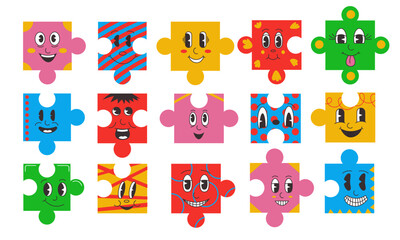 Wall Mural - Puzzle characters. Cartoon comic face emotions on jigsaw pieces shapes, abstract cute facial emoji flat doodle design. Vector isolated set