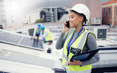 Aufkleber - Solar energy, solar panels and electrician on a phone call networking, talking or speaking to a technician. Engineering, roof and happy woman in conversation or communication about renewable energy