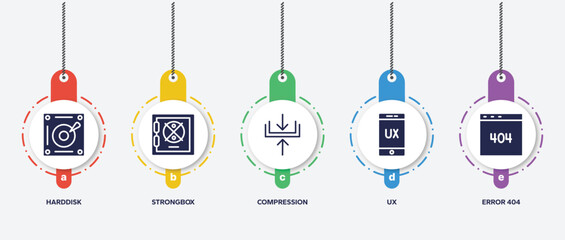 Wall Mural - infographic element template with internet filled icons such as harddisk, strongbox, compression, ux, error 404 vector.