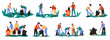 People collecting garbage. Cartoon volunteer characters cleaning up picking up litter rubbish, social humanitarian help concept. Vector isolated set