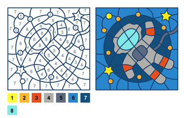 Wall Mural - Vector coloring page, Puzzle game, Color by number astronaut in space