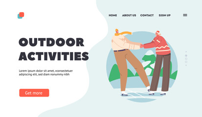 Wall Mural - Outdoor Wintertime Activities Landing Page Template. Couple Christmas Vacation Spare Time. Happy Loving Pair