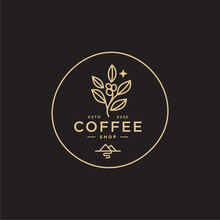 Coffee Shop Logo. Retro Badge Coffee Bean And Leaf Branch With Mountain Natural Icon Line Stamp Logo Vector Design In Vintage Hipster Modern Style, Premium Coffee Shop Bar Brand Symbol Icon