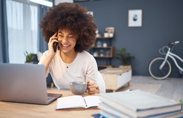 Poster - Computer, working black woman and happy phone call or a remote employee with morning coffee. Smile, happiness and mobile conversation of a digital email laughing using technology at home desk