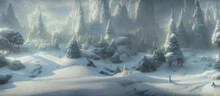 A Computer Generated Image Of A Snowy Landscape, Magical Concept Wallpaper Background. Book Cover Or Game Digital Concept Art Illustration.