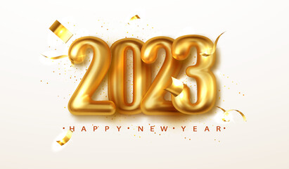 Wall Mural - 2023 Happy new year. Gold 3d Realistic metallic numbers date 2023 of greeting card. Happy New Year Banner with 2023 numbers on Bright Background