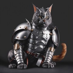 Trending warior soldier British Shorthair cat wearing fighting metal armor on dark background. Funny influencer cat. Poster or canvas, concept Digital painting